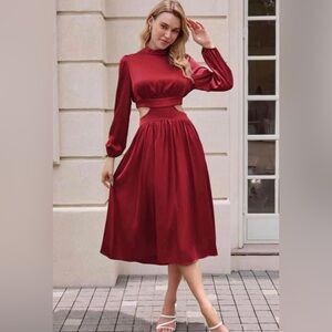 Kate Kasin- WOMEN CUT-OUT WAIST DRESS LONG SLEEVE ELASTIC WAIST DRESS